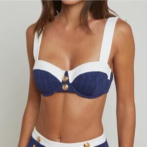 L'Agence Alexandria Bikini Top Marine Blue White Gold Buttons Small  NEW